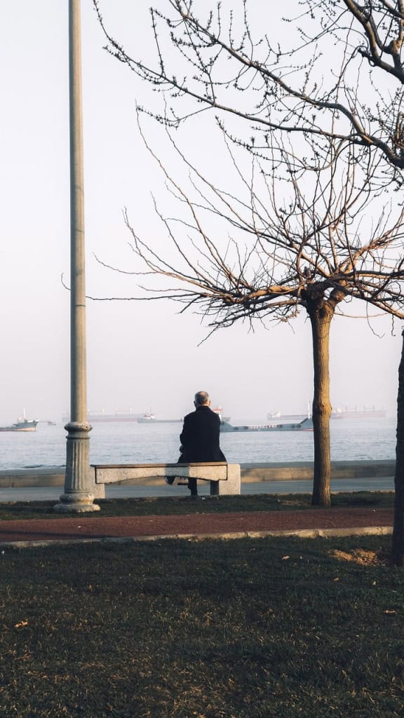 man, sitting, bench